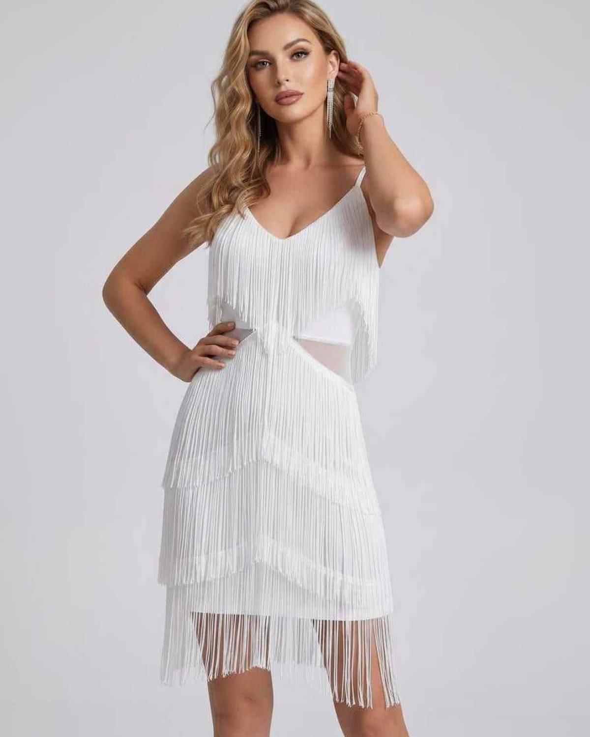 Lunara Mini Dress by Lauven — fringe sleeveless V-neck fitted mini dress with straps