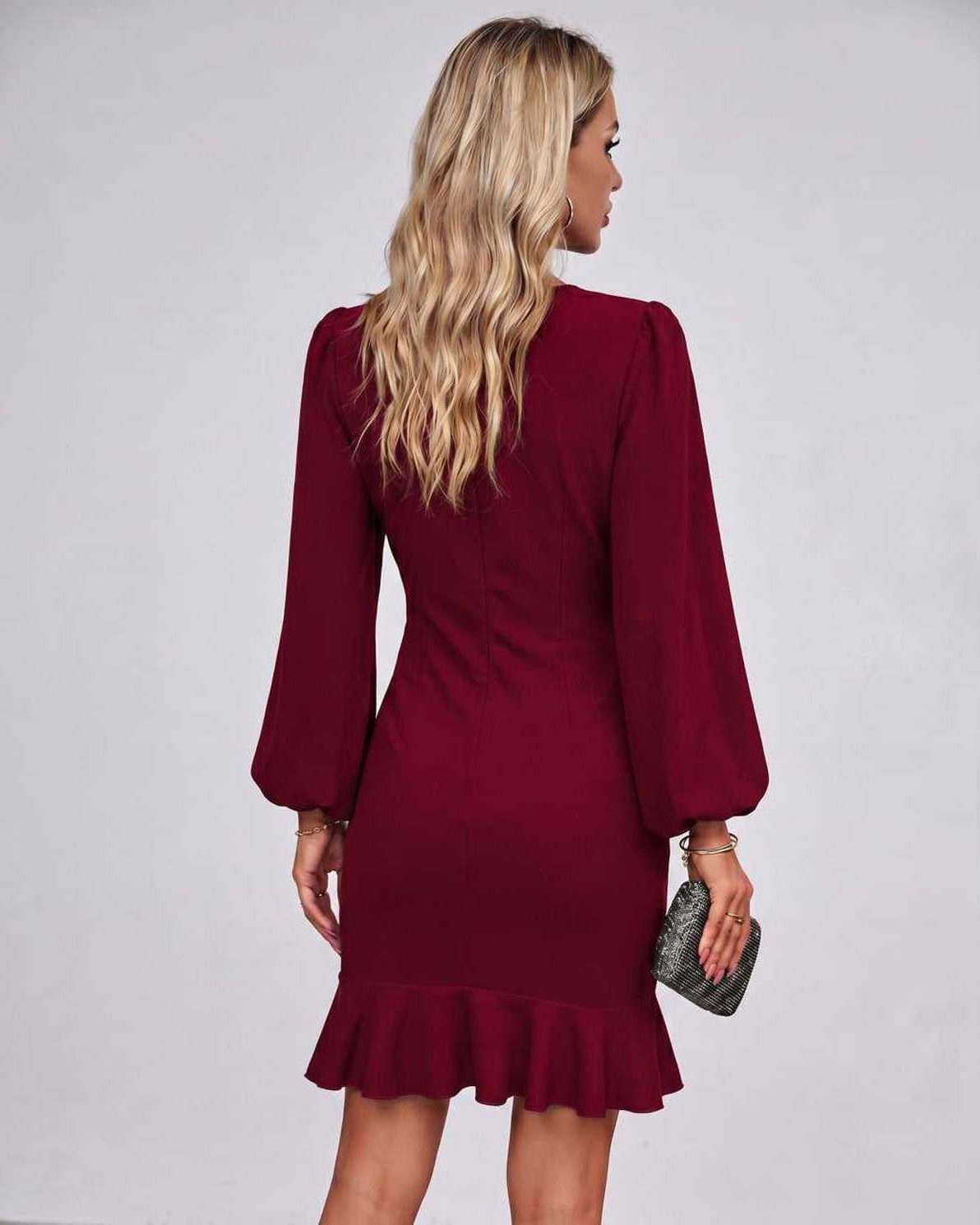 Virelle Mini Dress by Lauven — long sleeve round neck fitted mini dress with ruffle hem
