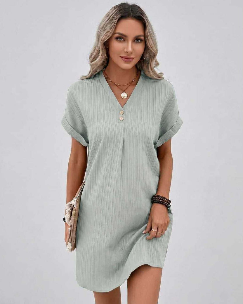 Lunelle Mini Dress by Lauven — gray textured short sleeve V-neck relaxed mini dress