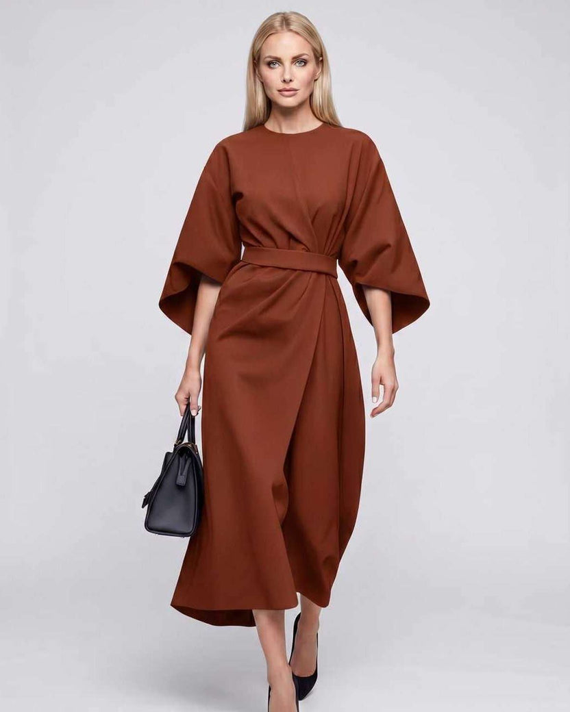 Celest Midi Dress by Lauven — orange breathable fabric lantern sleeve crew neck belted wrap midi dress