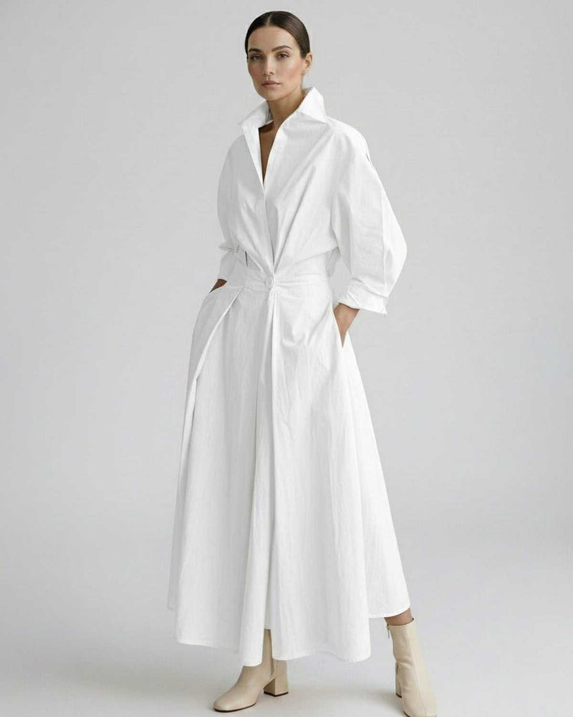 Aurelia Midi Dress by Lauven — white breathable fabric long sleeve stand collar belted A-line midi dress