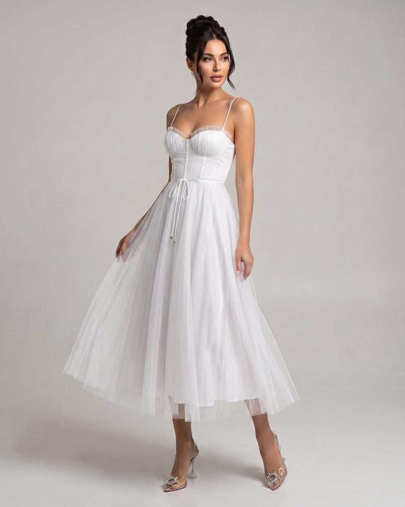 Elara Midi Dress by Lauven — white tulle sleeveless sweetheart neck structured bodice midi dress
