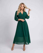 Veloura Midi Dress by Lauven — lightweight chiffon three quarter sleeve v neck A-line midi dress