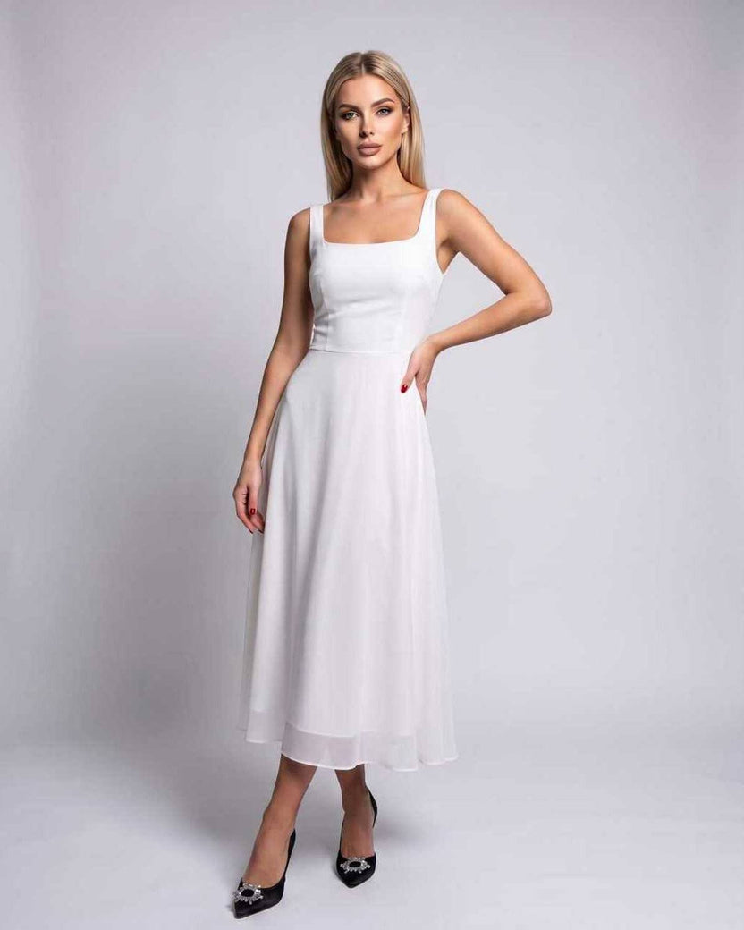 Lunara Midi Dress by Lauven — white lightweight chiffon sleeveless square neck A-line midi dress