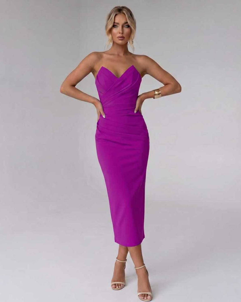 Serelle Midi Dress by Lauven — purple smooth stretch strapless sweetheart neck fitted midi dress