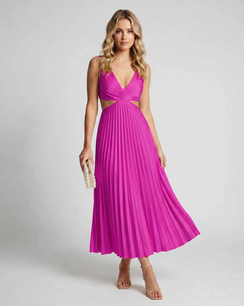 Lunara Midi Dress by Lauven — purple satin sleeveless V-neck flowing pleated midi dress