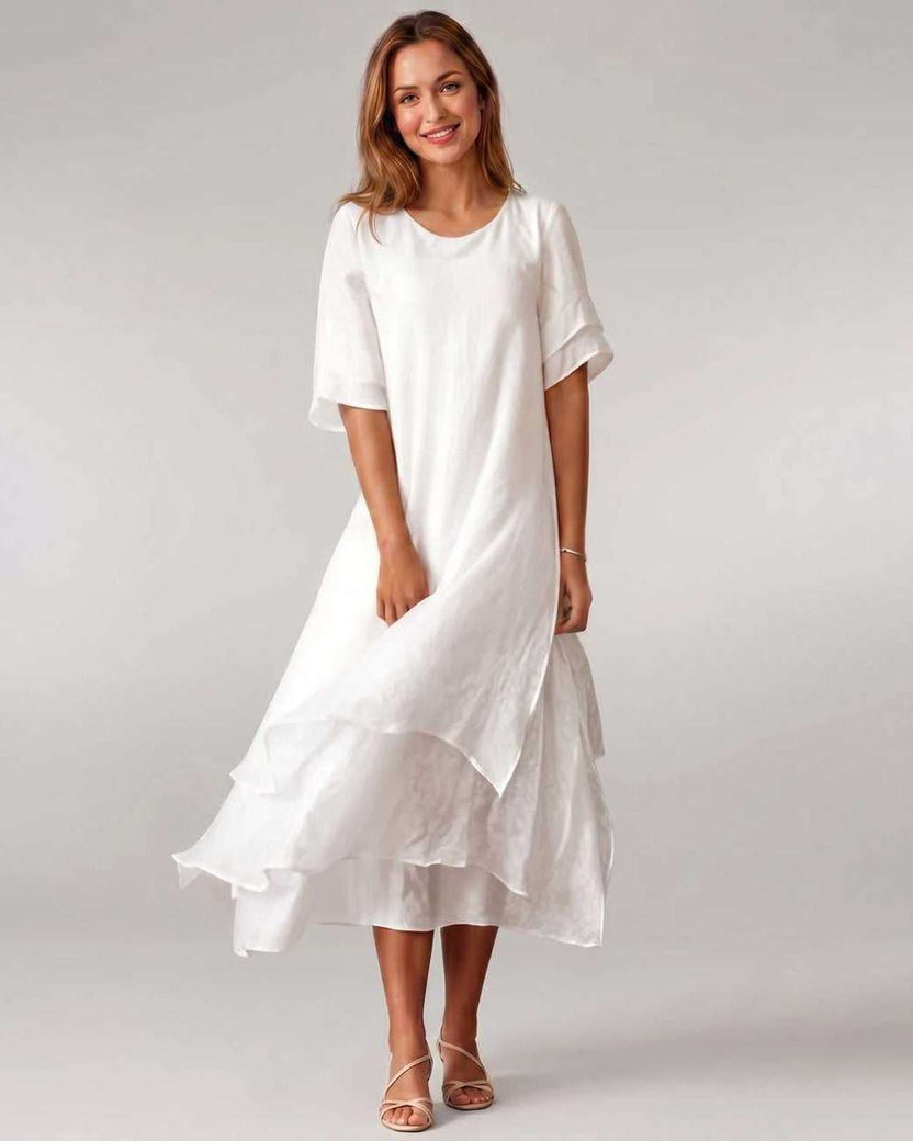 Aurelia Midi Dress by Lauven — white lightweight short sleeve round neck layered midi dress