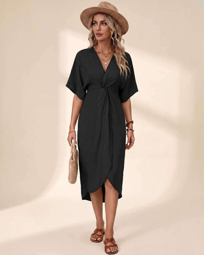 Elara Midi Dress by Lauven — black premium short sleeve V-neck wrap style midi dress