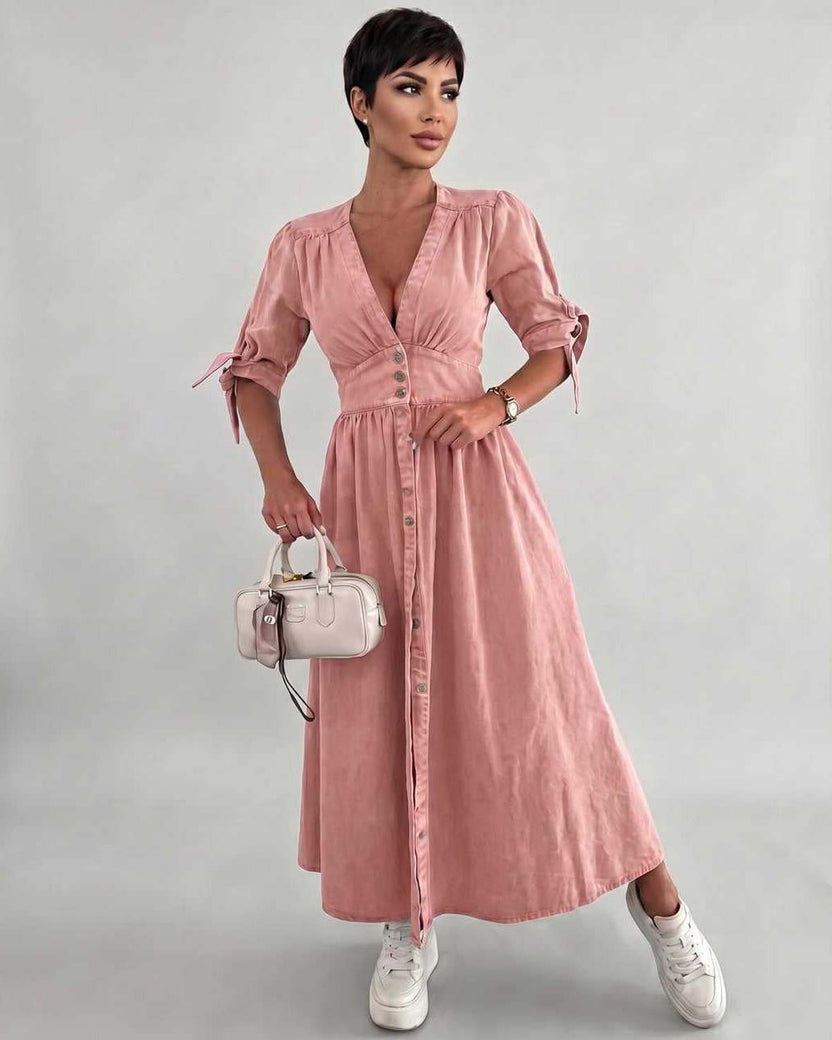 Eloria Midi Dress by Lauven — pink lightweight mid sleeve V-neck button front fit and flare midi dress