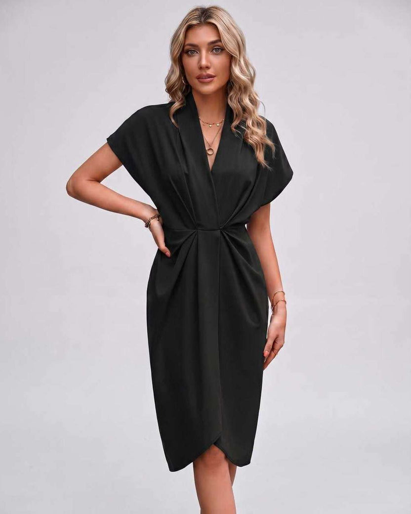 Veloura Midi Dress by Lauven — black satin cap sleeve V-neck draped midi dress