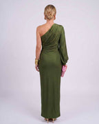 Veloura Maxi Dress by Lauven — satin one-shoulder long sleeve draped maxi dress