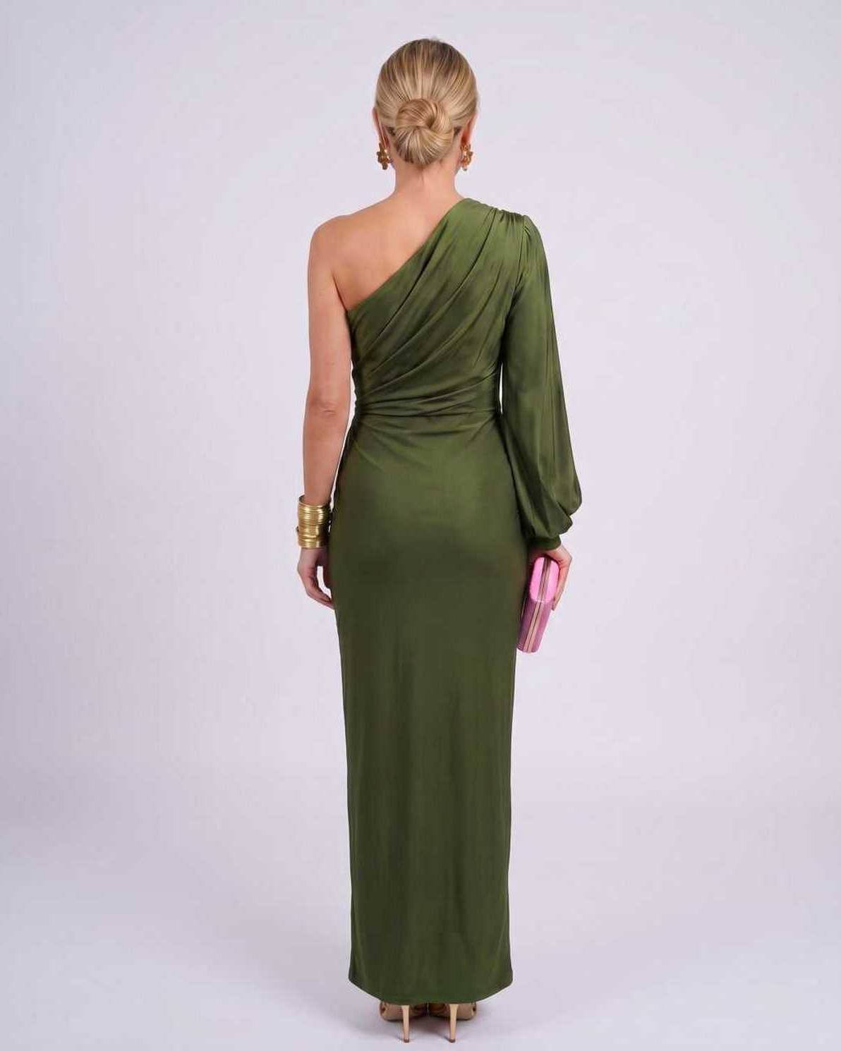 Veloura Maxi Dress by Lauven — satin one-shoulder long sleeve draped maxi dress