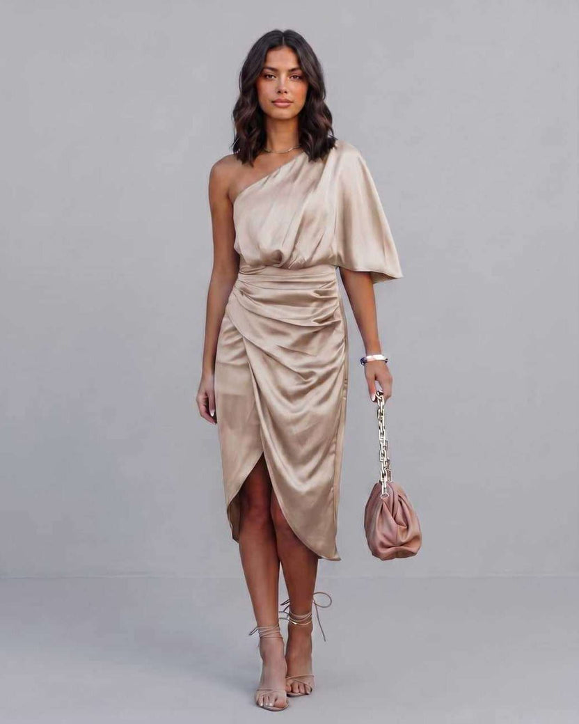 Veloura Midi Dress by Lauven — gold satin one shoulder draped midi dress with slit