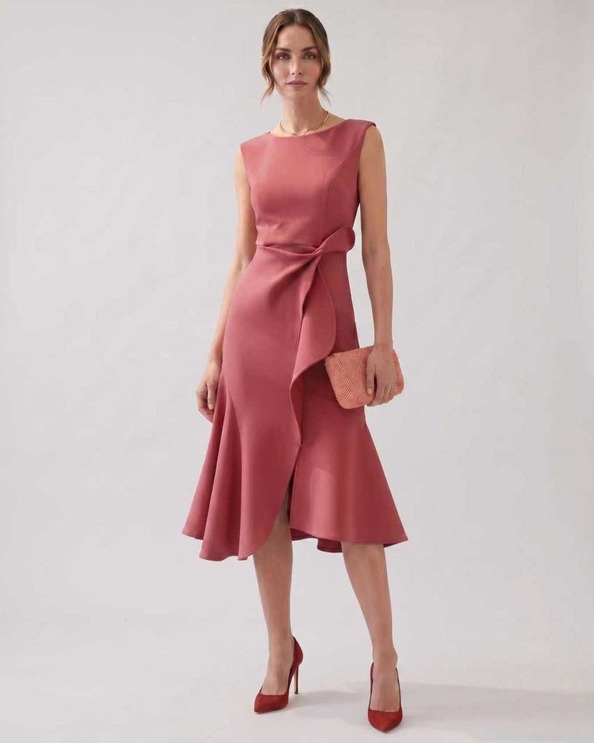 Serelune Midi Dress by Lauven — pink sleeveless satin midi dress with ruffle detail and fit flare silhouette