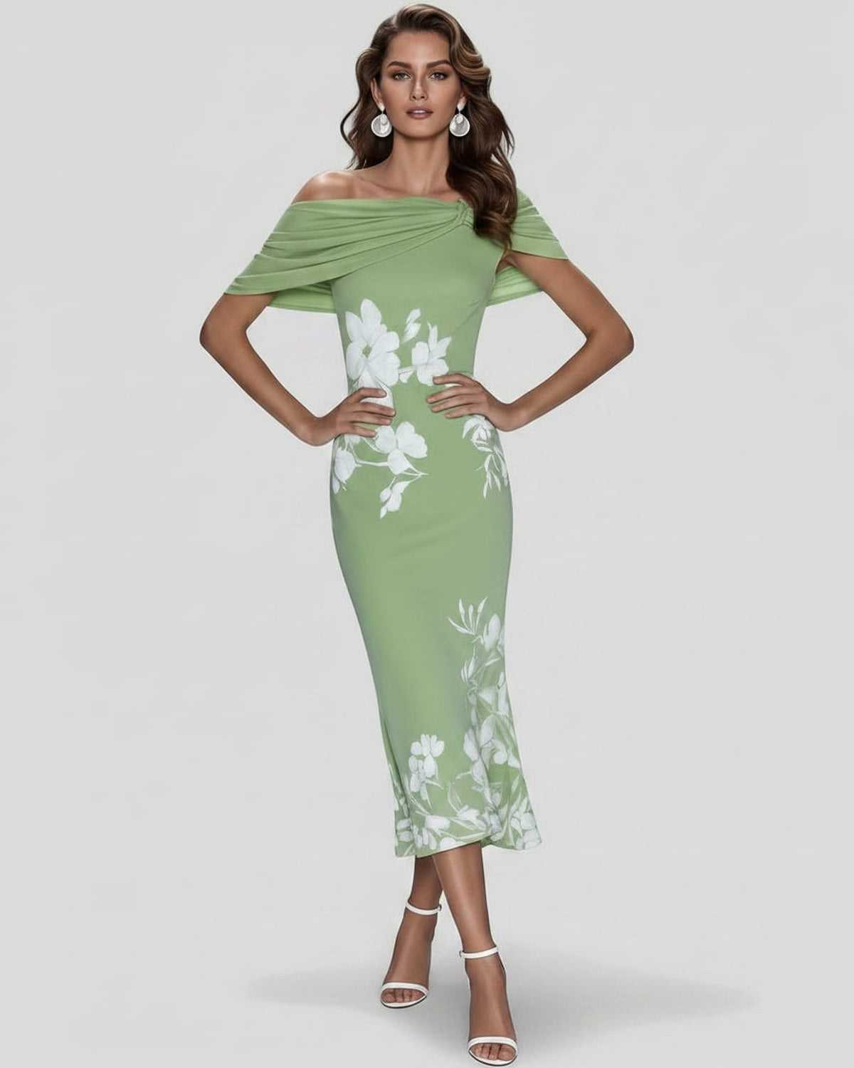 Veloura Midi Dress by Lauven — floral off shoulder satin midi dress with draped sleeves