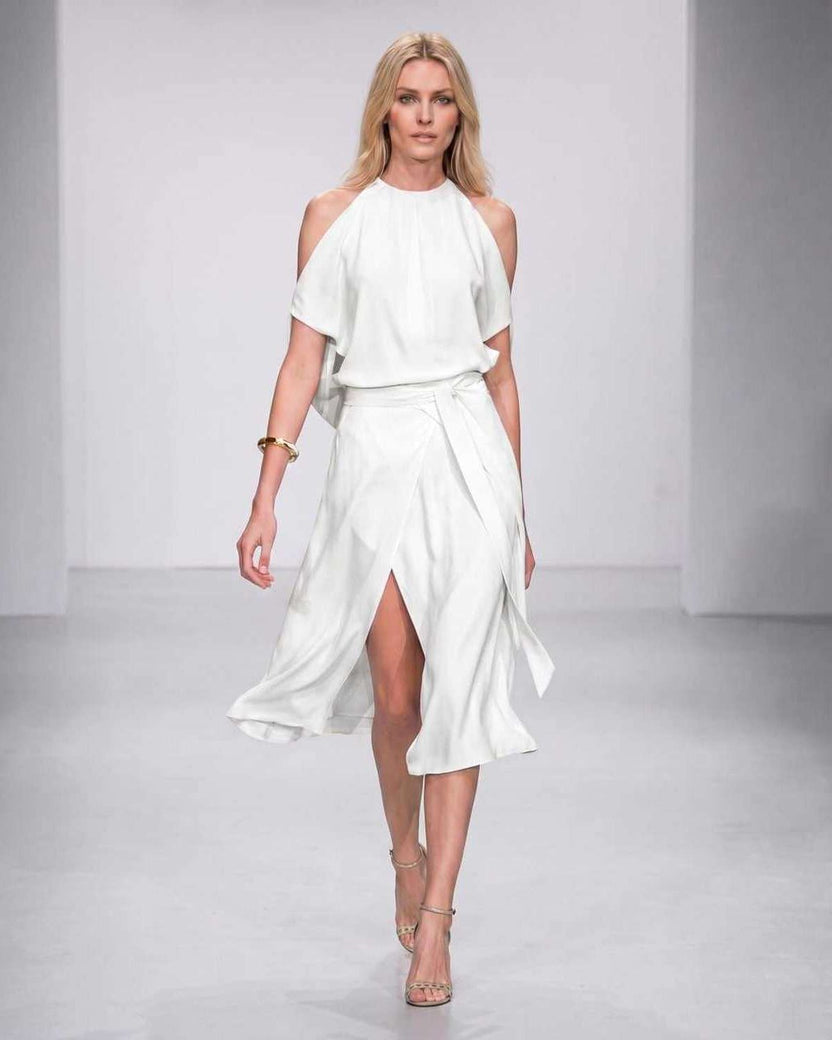 Seralyn Midi Dress by Lauven — white halter sleeveless wrap midi dress with tie waist and front slit