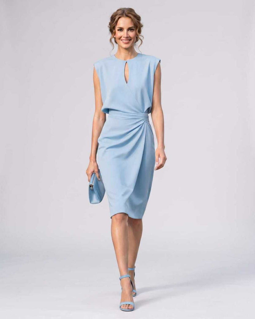 Velmira Midi Dress by Lauven — light blue sleeveless keyhole wrap midi dress with ruched waist