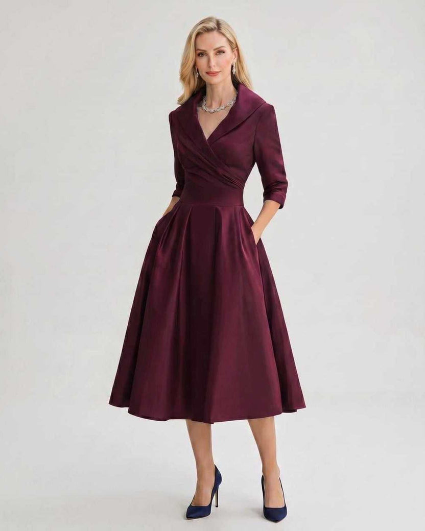 Serelune Midi Dress by Lauven — red satin blend 3/4 sleeve V-neck A-line midi dress