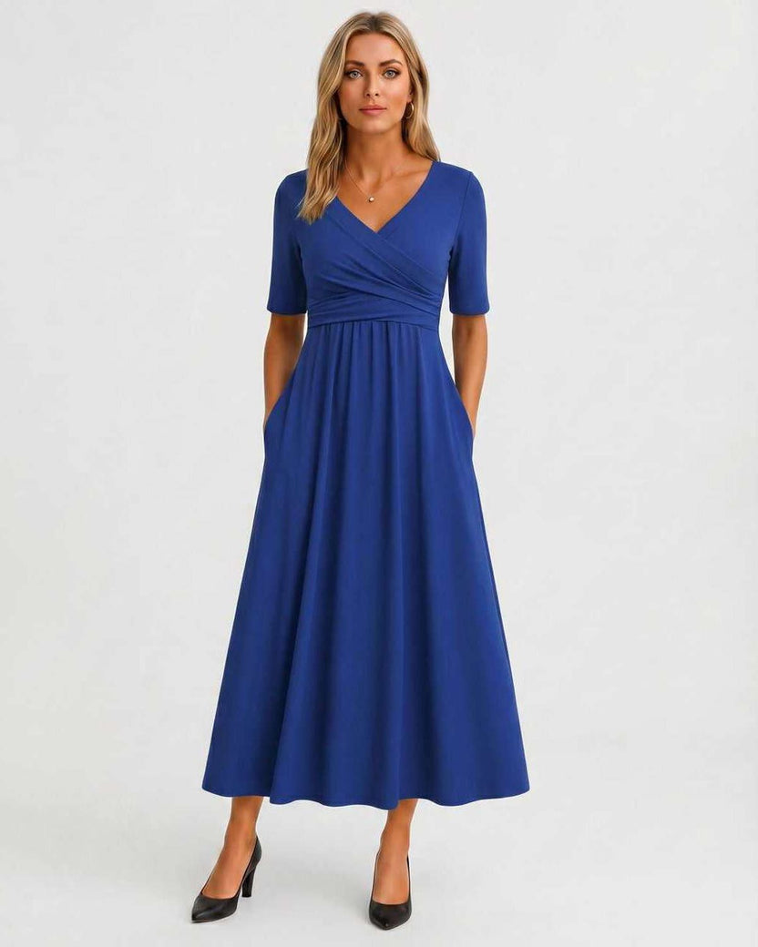 Velmira Midi Dress by Lauven — navy soft stretch short sleeve V-neck A-line midi dress