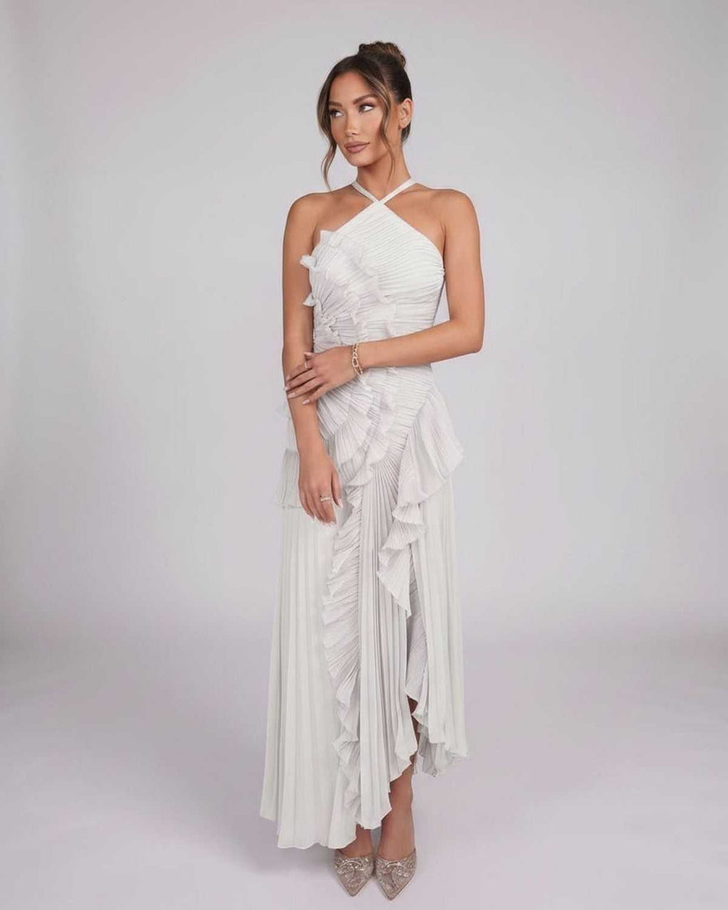 Valerise Maxi Dress by Lauven — chiffon sleeveless halter asymmetrical maxi dress