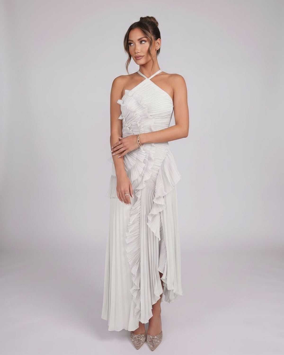 Valerise Maxi Dress by Lauven — chiffon sleeveless halter asymmetrical maxi dress