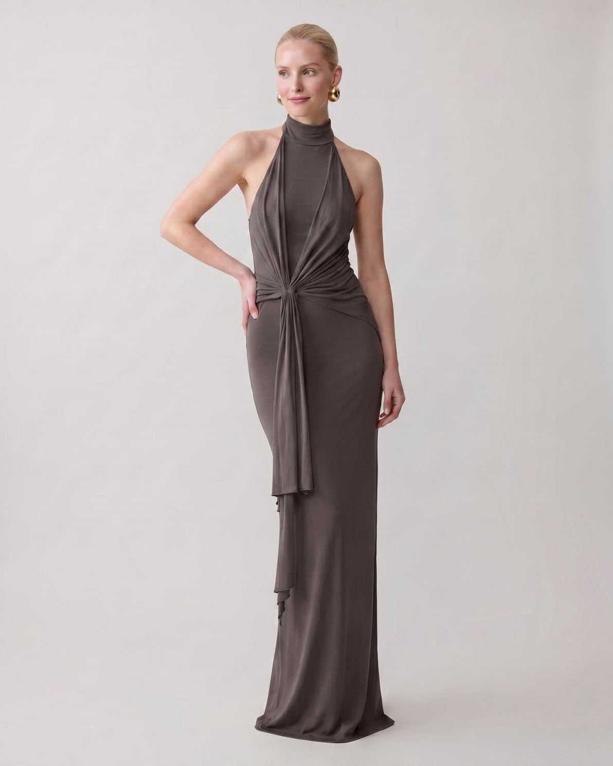 Serelle Maxi Dress by Lauven — polyester sleeveless halter neck fitted column maxi dress