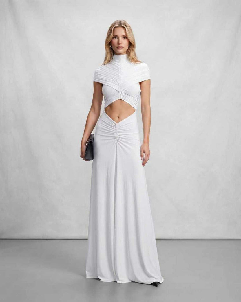 Veloura Maxi Dress by Lauven — white polyester short sleeve stand collar flared hem maxi dress
