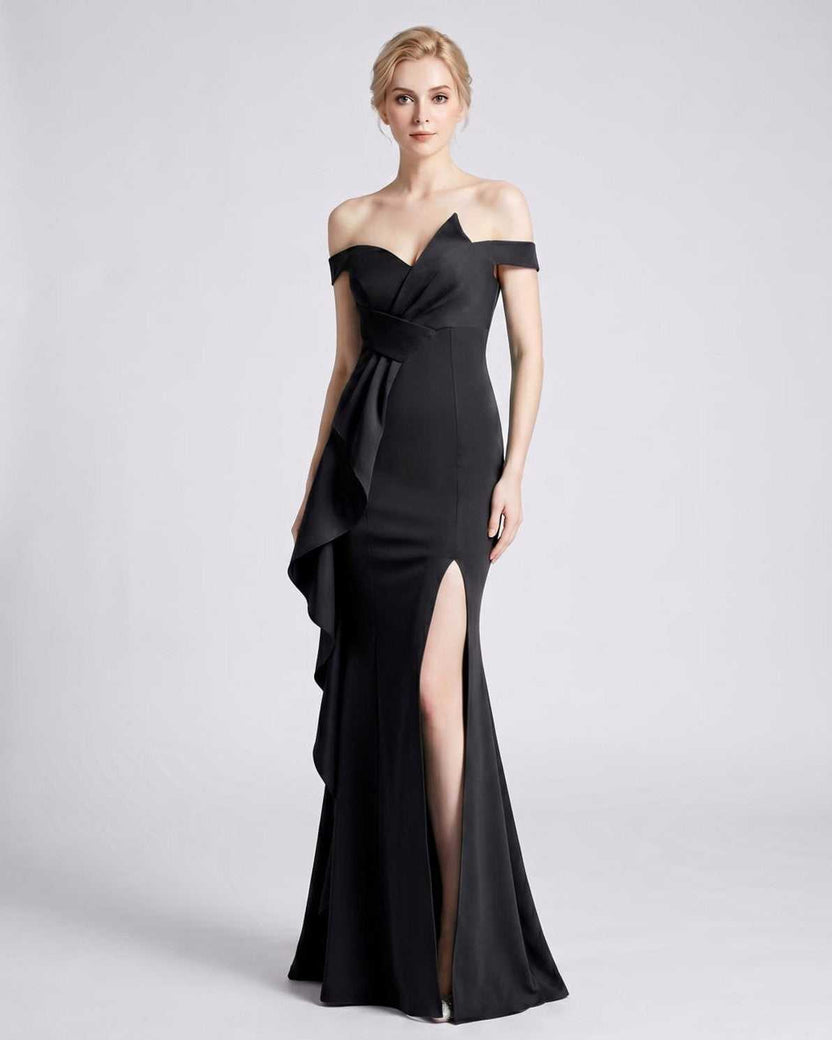 Veloura Maxi Dress by Lauven — black polyester spandex off-the-shoulder mermaid maxi dress with slit