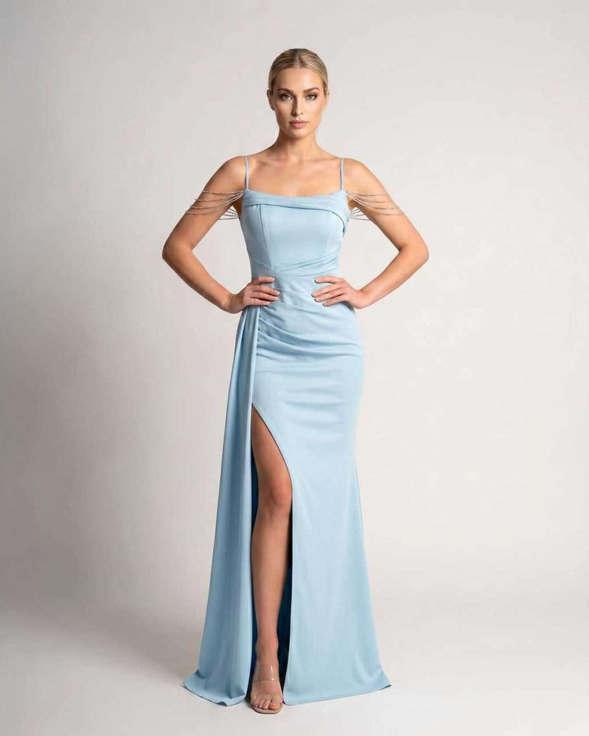 Celestia Maxi Dress by Lauven — blue polyester spaghetti strap mermaid maxi dress with beading and split