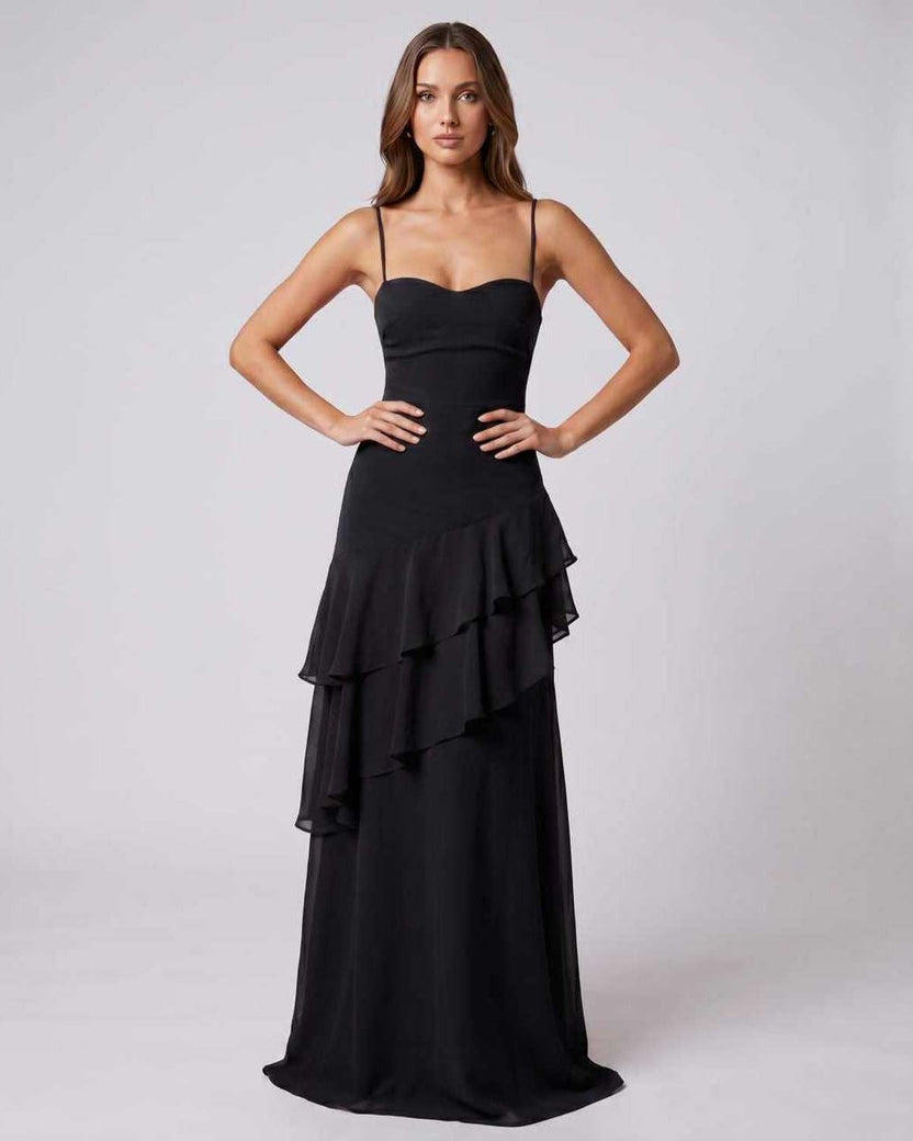 Rosette Maxi Dress by Lauven — black polyester V-neck sleeveless bodycon maxi dress with layered ruffles