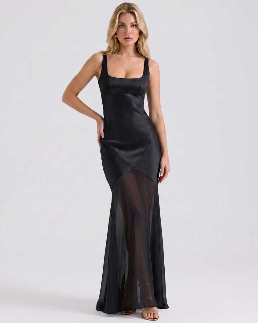 Lunelle Maxi Dress by Lauven — black polyester square neck sleeveless slip maxi dress with satin chiffon detail