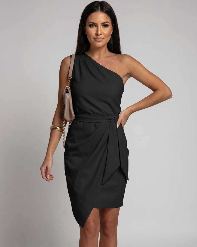 Celestia Midi Dress by Lauven — black polyester cotton sleeveless slash neck midi dress with tie waist