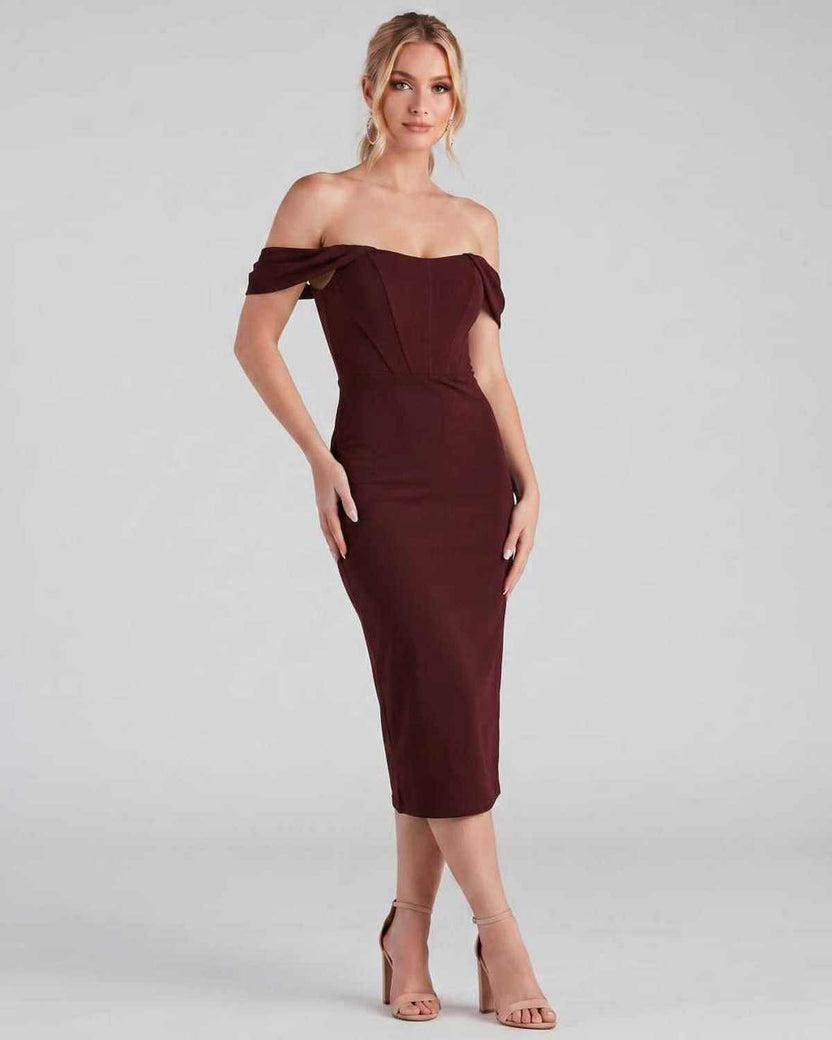 Celeste Midi Dress by Lauven — red crepe-lined off-shoulder corset fitted midi dress