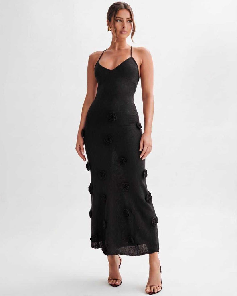Rosette Maxi Dress by Lauven — black textured polyester knit sleeveless V-neck floral maxi dress