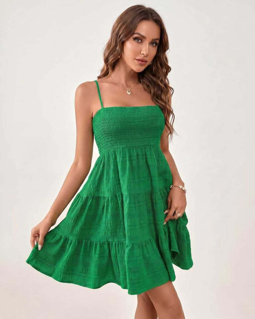Solara Mini Dress by Lauven — green textured sleeveless square neck tiered swing mini dress