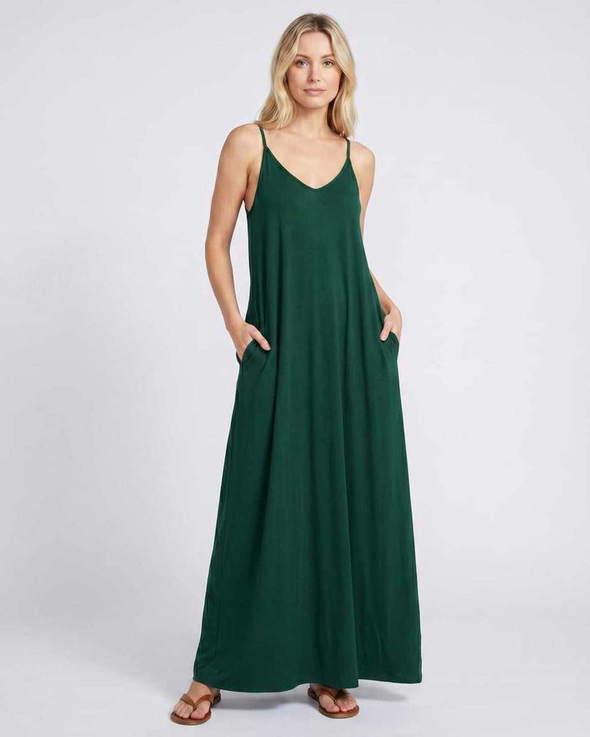 Solenne Maxi Dress by Lauven — green soft stretch sleeveless V-neck relaxed A-line maxi dress