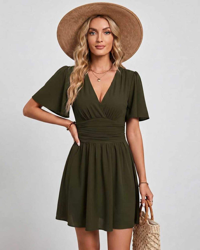 Calista Mini Dress by Lauven — green chiffon ruffled short sleeve V-neck A-line mini dress