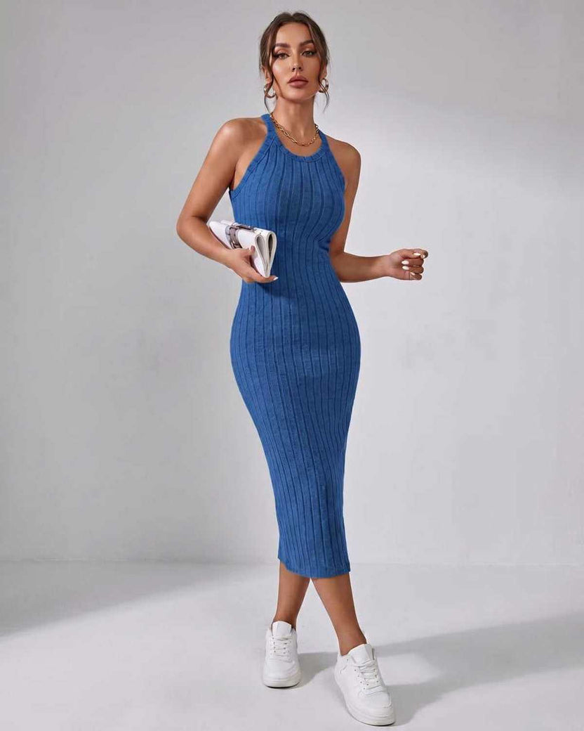 Lunara Midi Dress by Lauven — blue ribbed knit sleeveless crew neck slim-fit midi dress