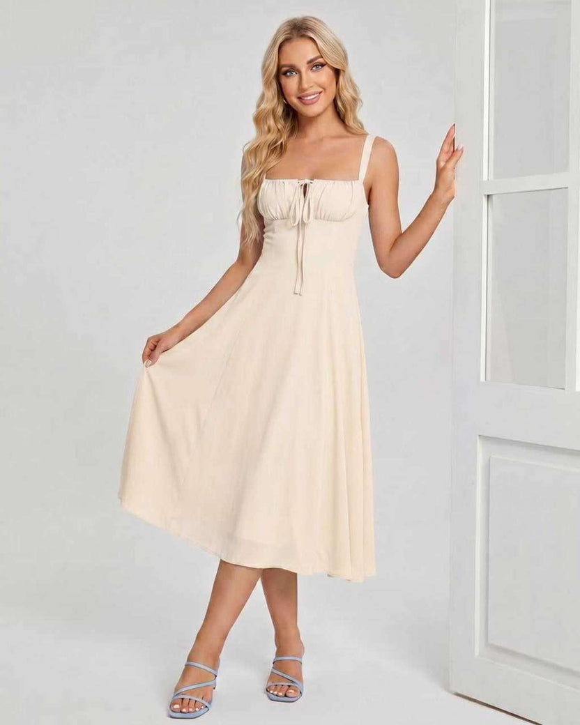 Serelune Midi Dress by Lauven — beige lightweight sleeveless square neck A-line midi dress
