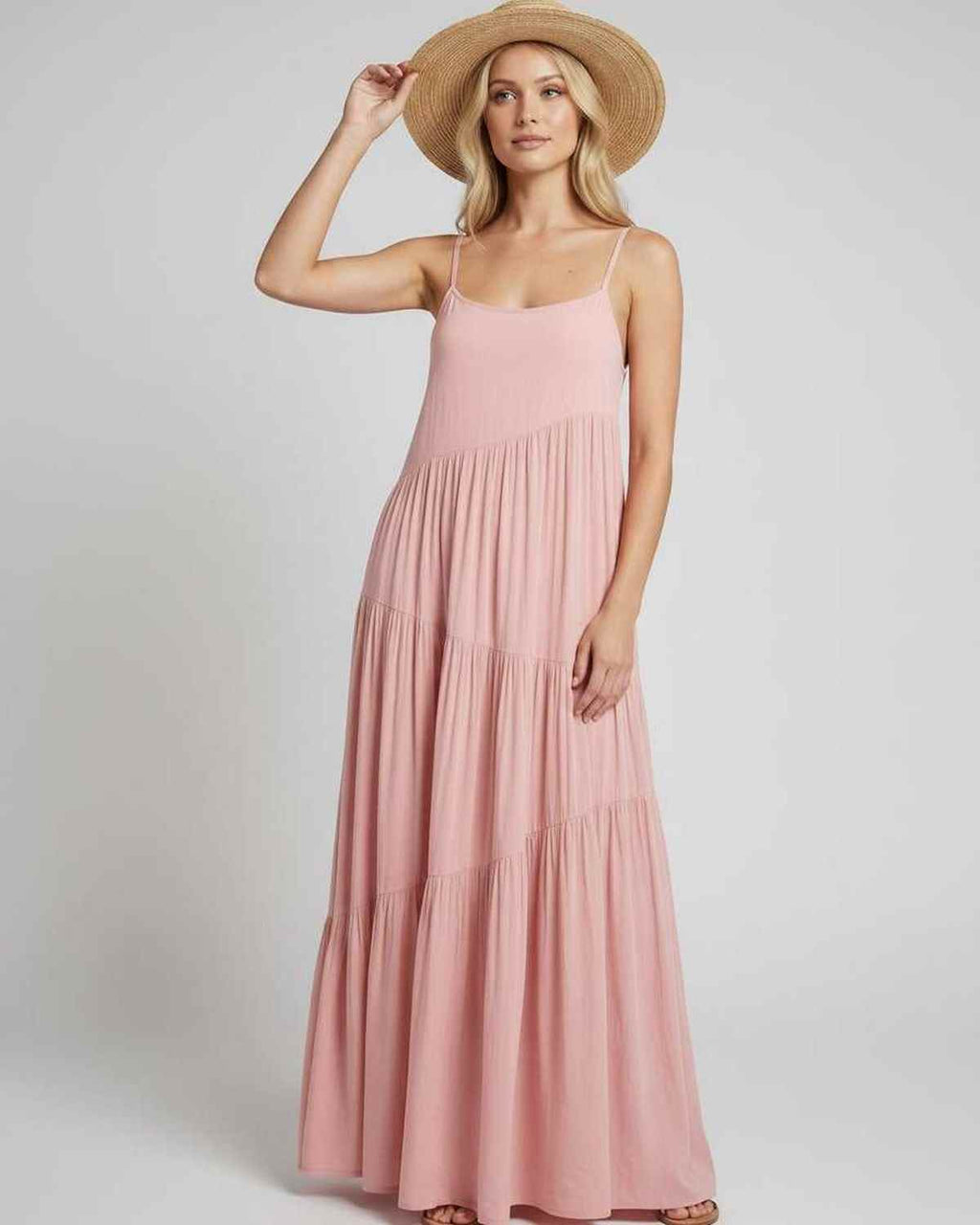 Solenne Maxi Dress by Lauven — rayon blend sleeveless scoop neck tiered A-line maxi dress