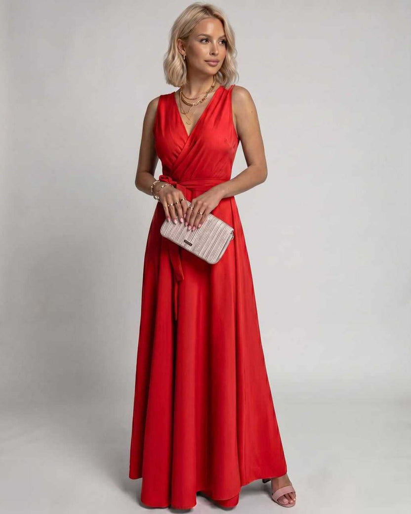 Veloura Maxi Dress by Lauven — red satin sleeveless V-neck A-line maxi dress