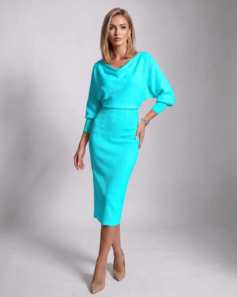 Serene Midi Dress by Lauven — light blue knit batwing sleeve cowl neck fitted midi dress