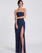 Seraphine Maxi Dress by Lauven — chiffon strapless pleated high slit maxi dress