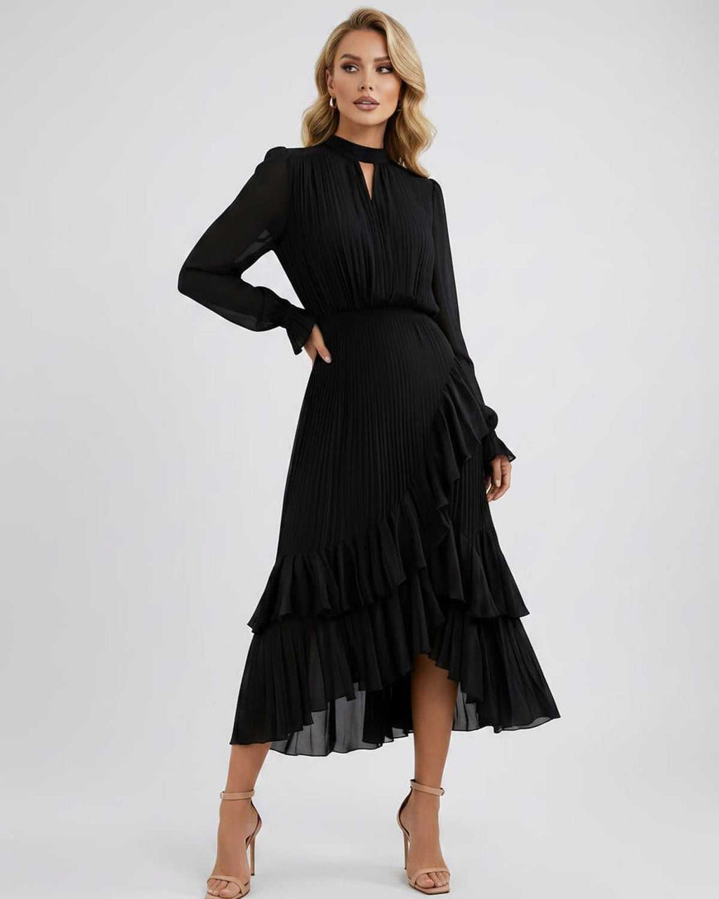 Celestia Maxi Dress by Lauven — chiffon long sleeve high neck A-line maxi dress