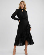 Celestia Maxi Dress by Lauven — chiffon long sleeve high neck A-line maxi dress