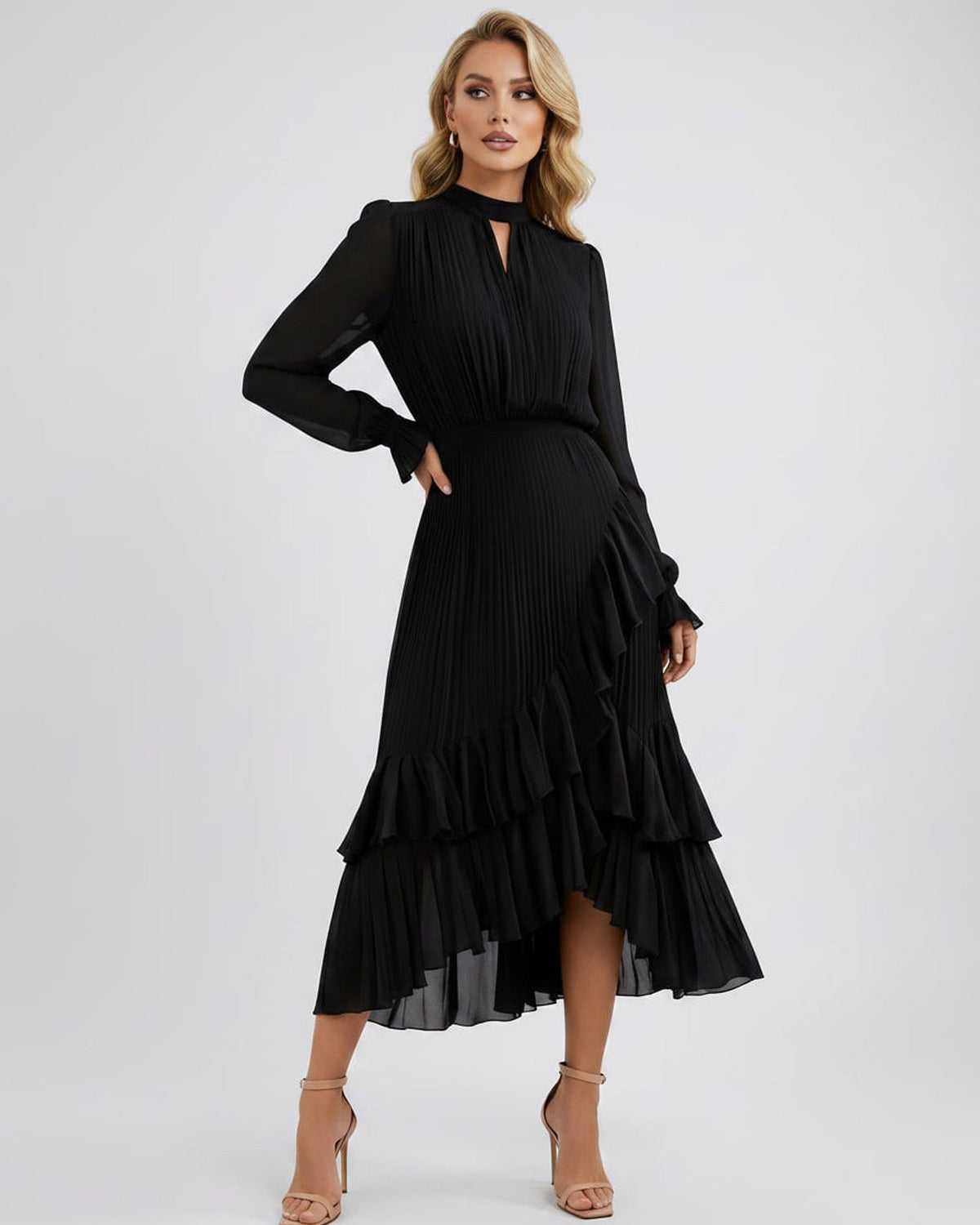 Celestia Maxi Dress by Lauven — chiffon long sleeve high neck A-line maxi dress