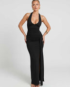 Solvienne Maxi Dress by Lauven — stretch sleeveless deep V-neck ruched maxi dress