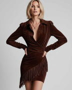 Veloura Mini Dress by Lauven — suede leather long sleeve turn-down collar ruched mini dress