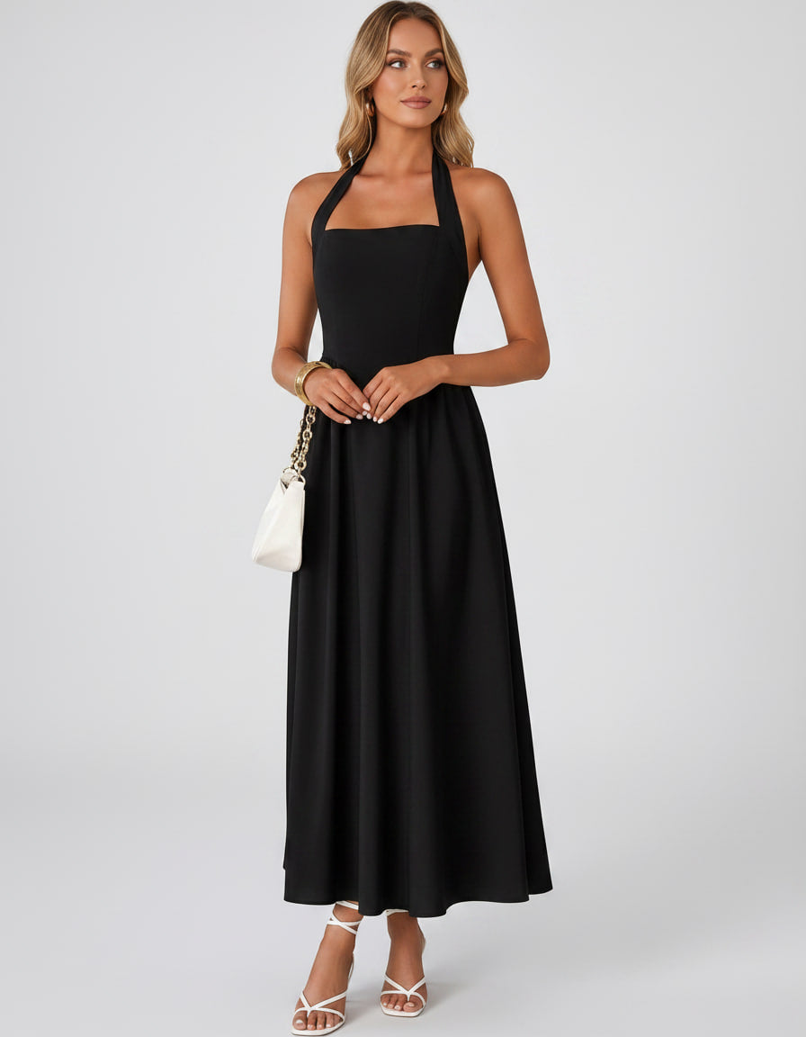 Veloura Midi Dress by Lauven — satin blend sleeveless square neck A-line midi dress