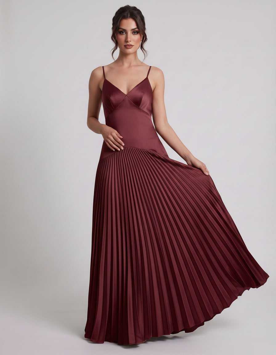 Veloura Maxi Dress by Lauven — satin spaghetti strap V-neck A-line maxi dress